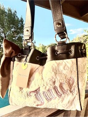 Juicy Couture Cream Quilted Shoulder Bag with Brown Trim and Pink Embroidery